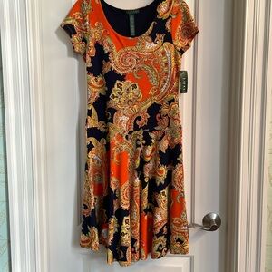 Lauren Ralph Lauren NWT Multi Knit Orange Navy Dress PS